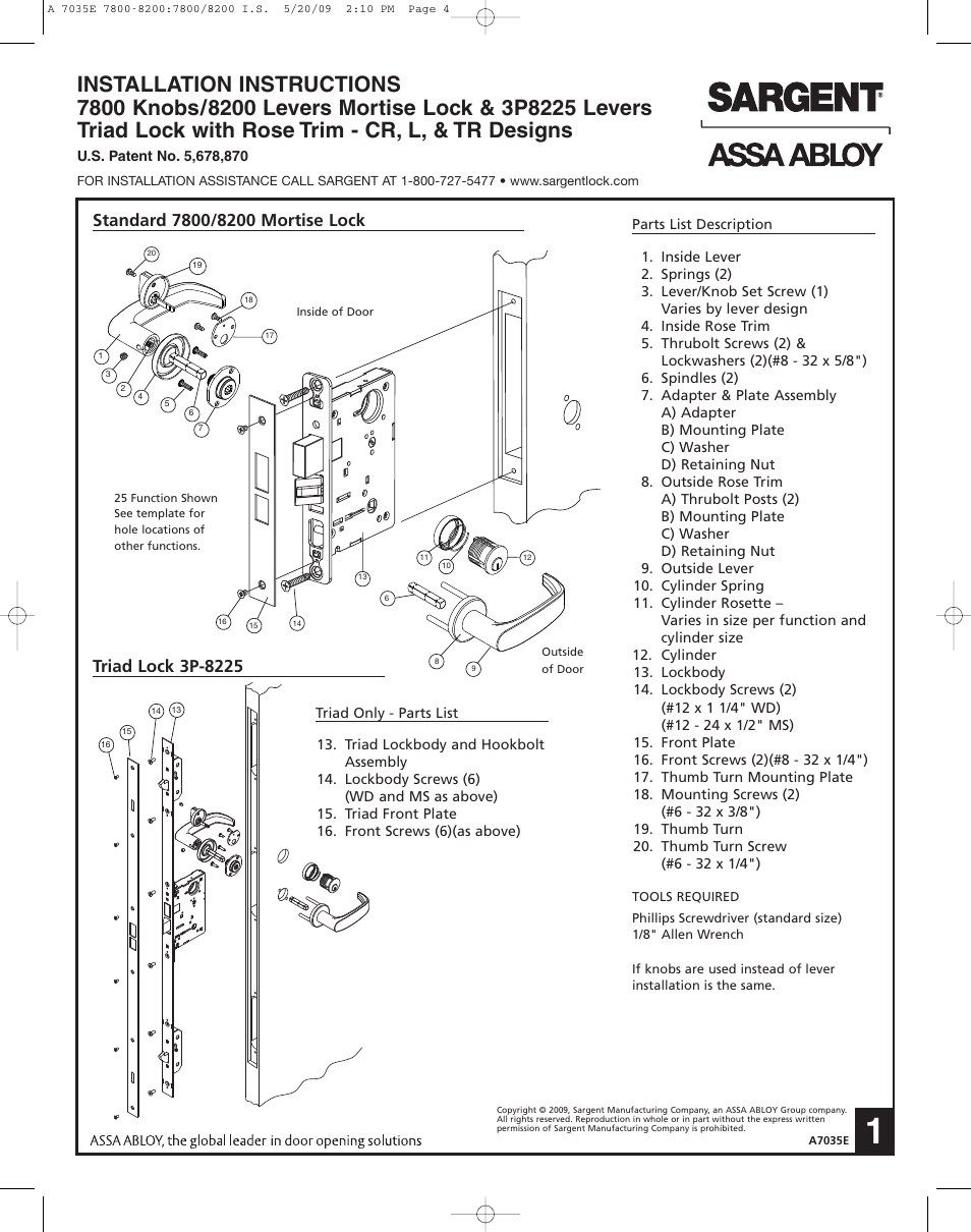 SARGENT 7800 Knob Locks User Manual | 4 pages