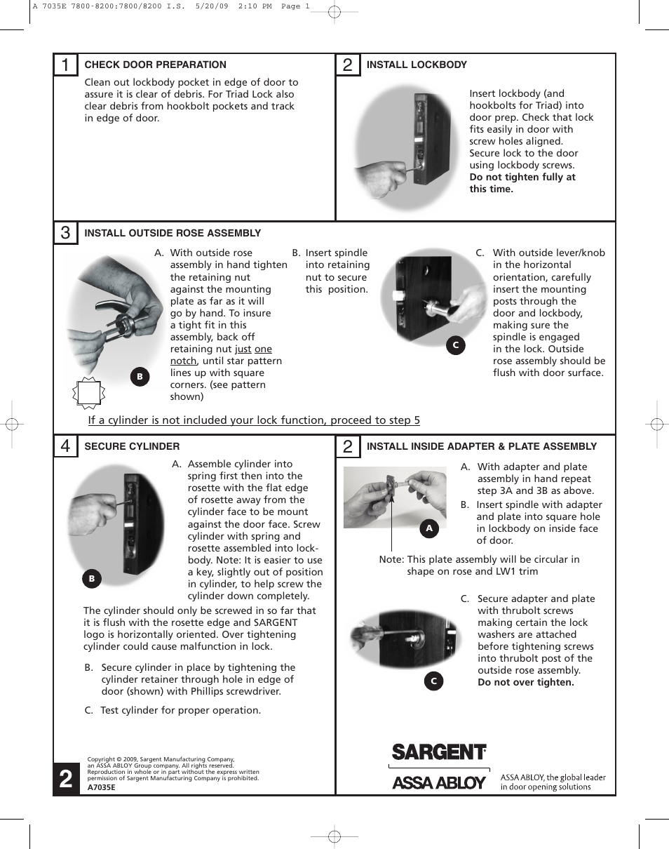 SARGENT 7800 Knob Locks User Manual | Page 2 / 4