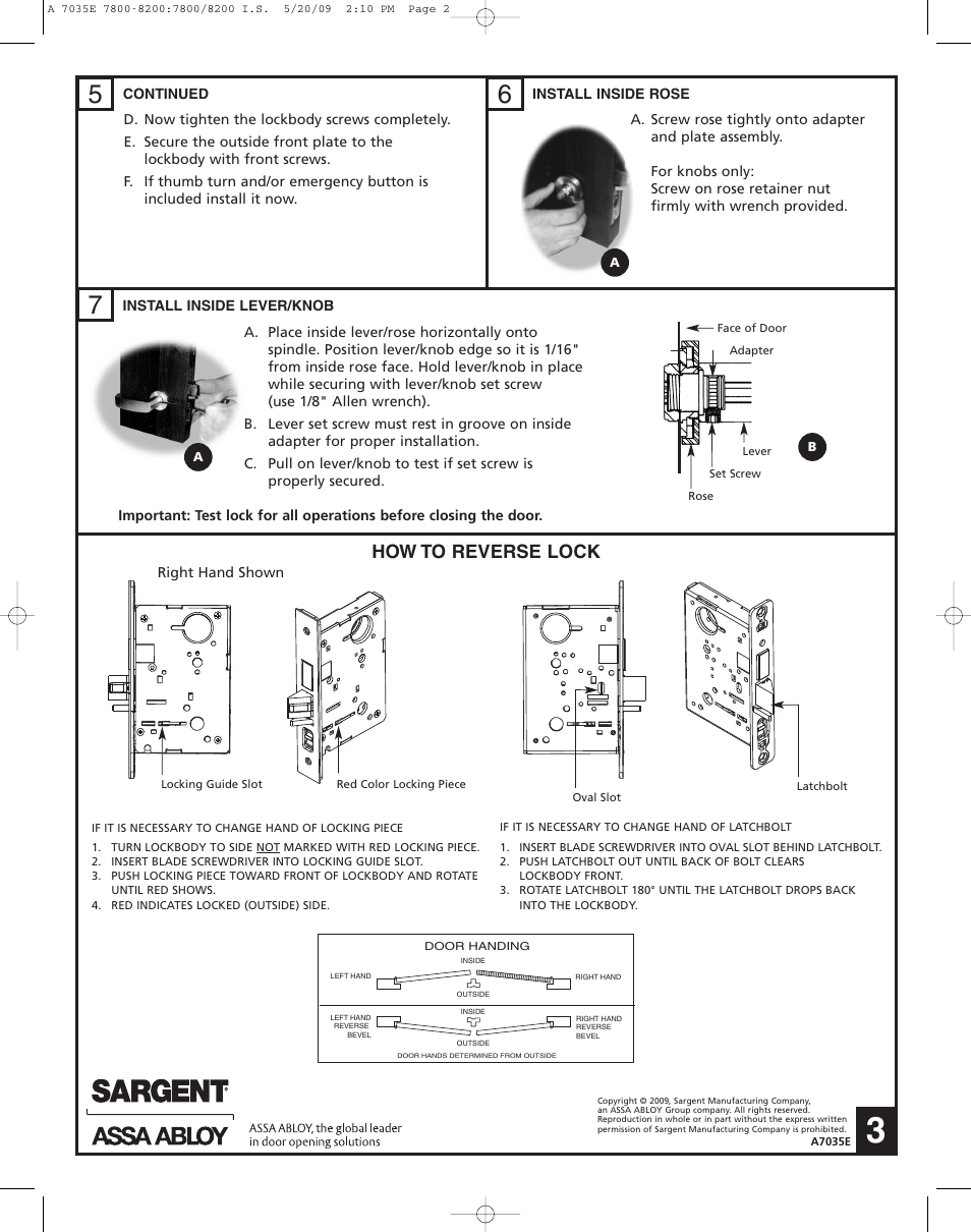 How to reverse lock | SARGENT 7800 Knob Locks User Manual | Page 3 / 4
