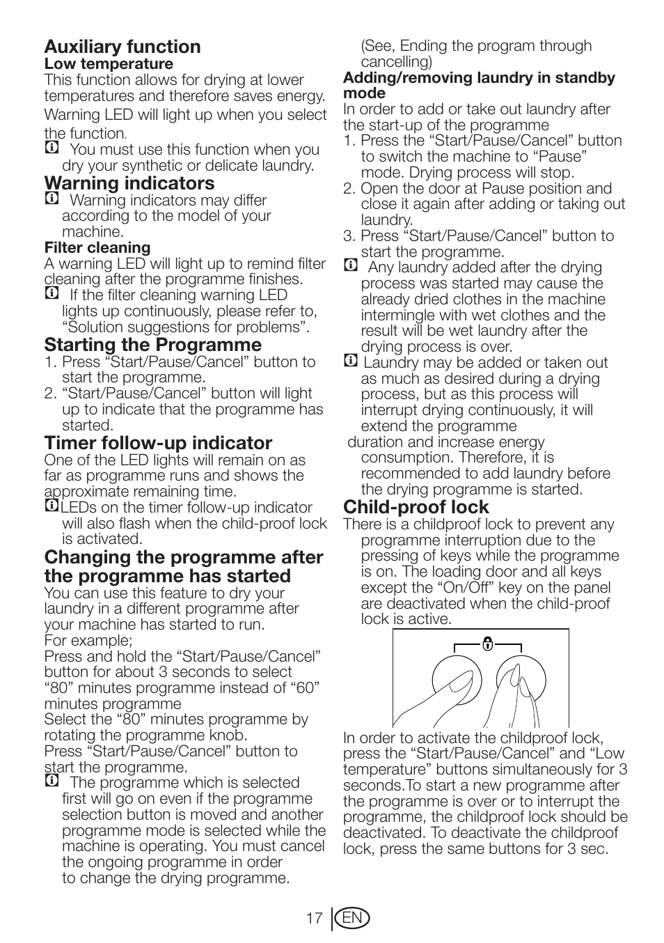 Auxiliary function, Warning indicators c, Starting the programme | Timer follow-up indicator, Child-proof lock | Beko DVTC 60 W User Manual | Page 17 / 28