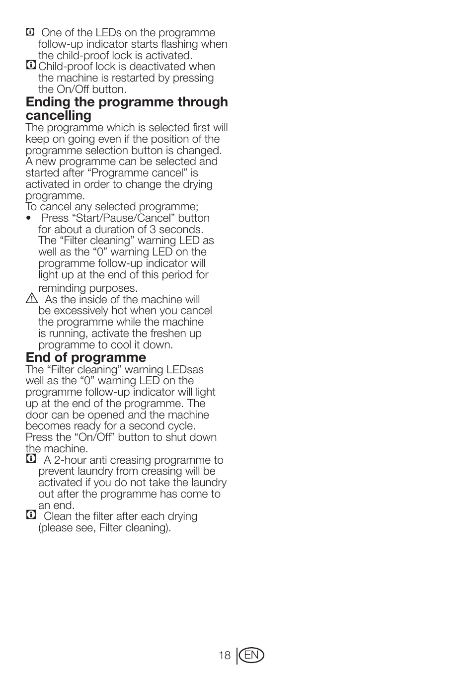 Ending the programme through cancelling, End of programme | Beko DVTC 60 W User Manual | Page 18 / 28