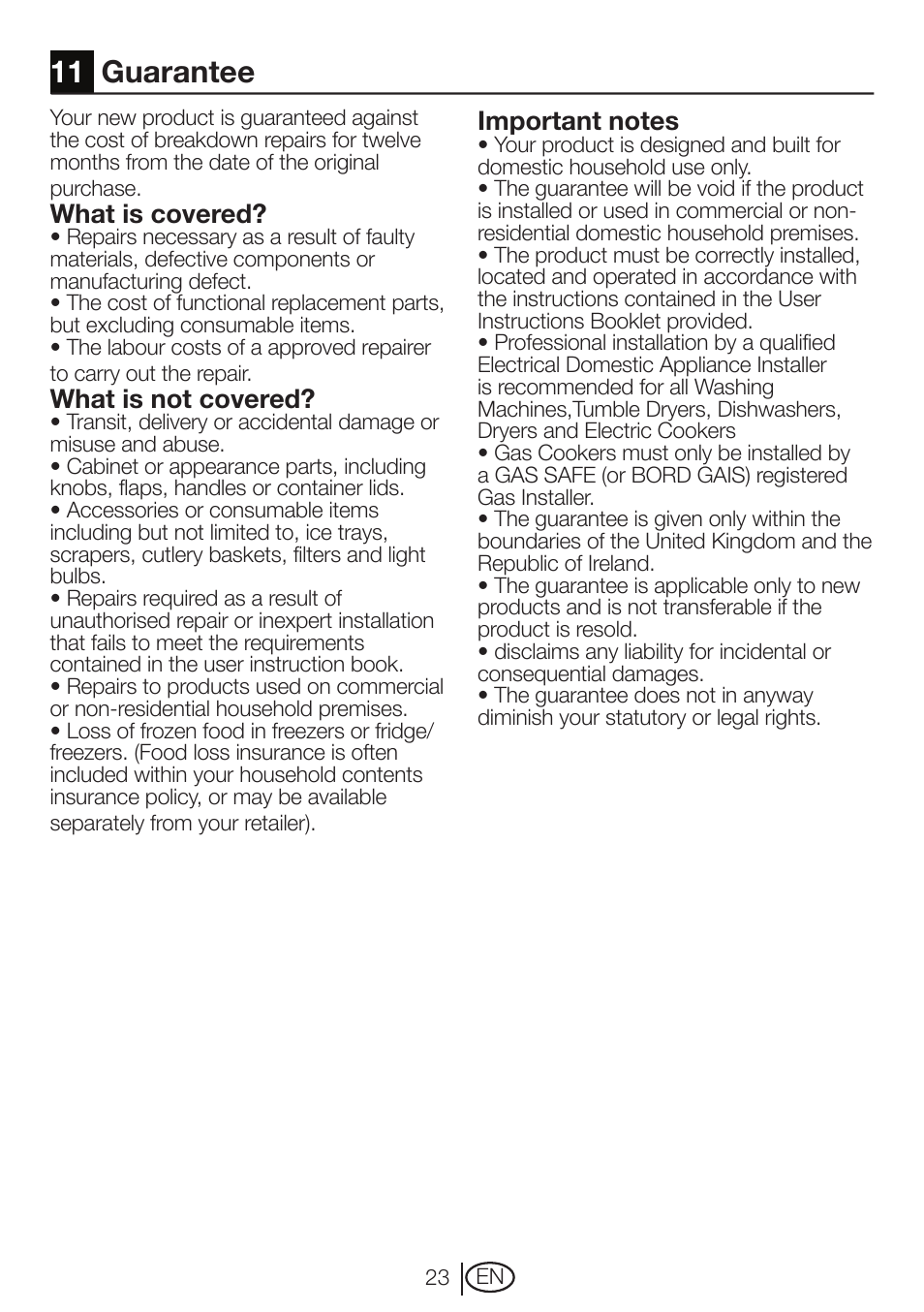 11 guarantee, What is covered, What is not covered | Beko DVTC 60 W User Manual | Page 23 / 28