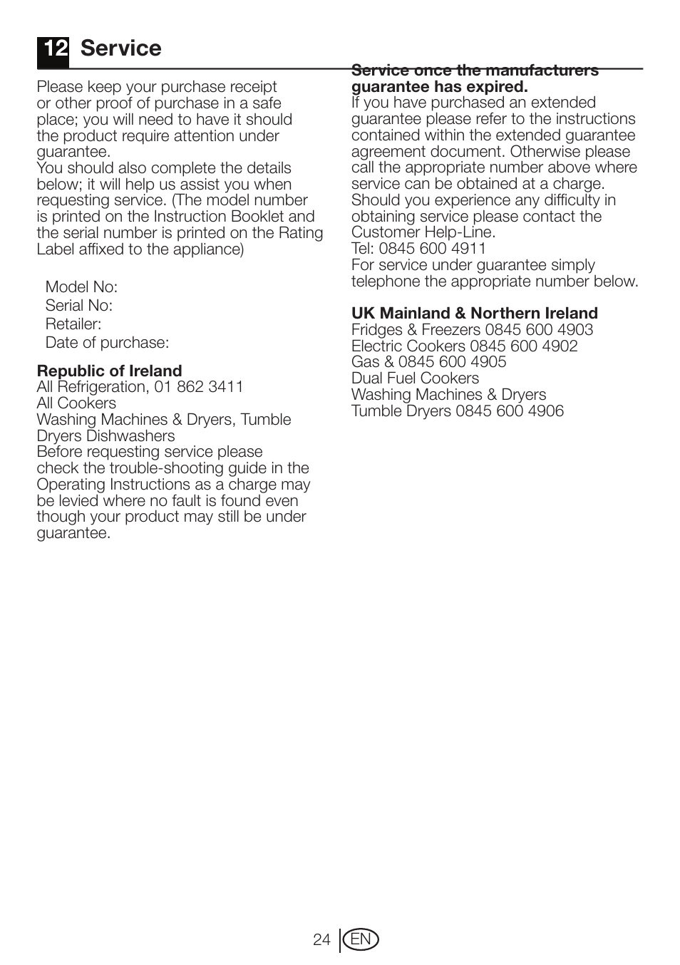 12 service | Beko DVTC 60 W User Manual | Page 24 / 28