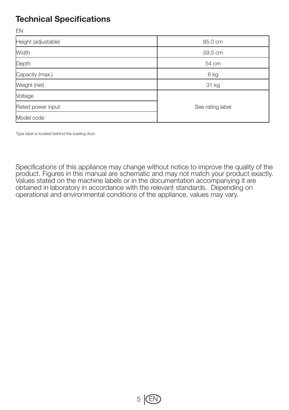 Technical specifications | Beko DVTC 60 W User Manual | Page 5 / 28