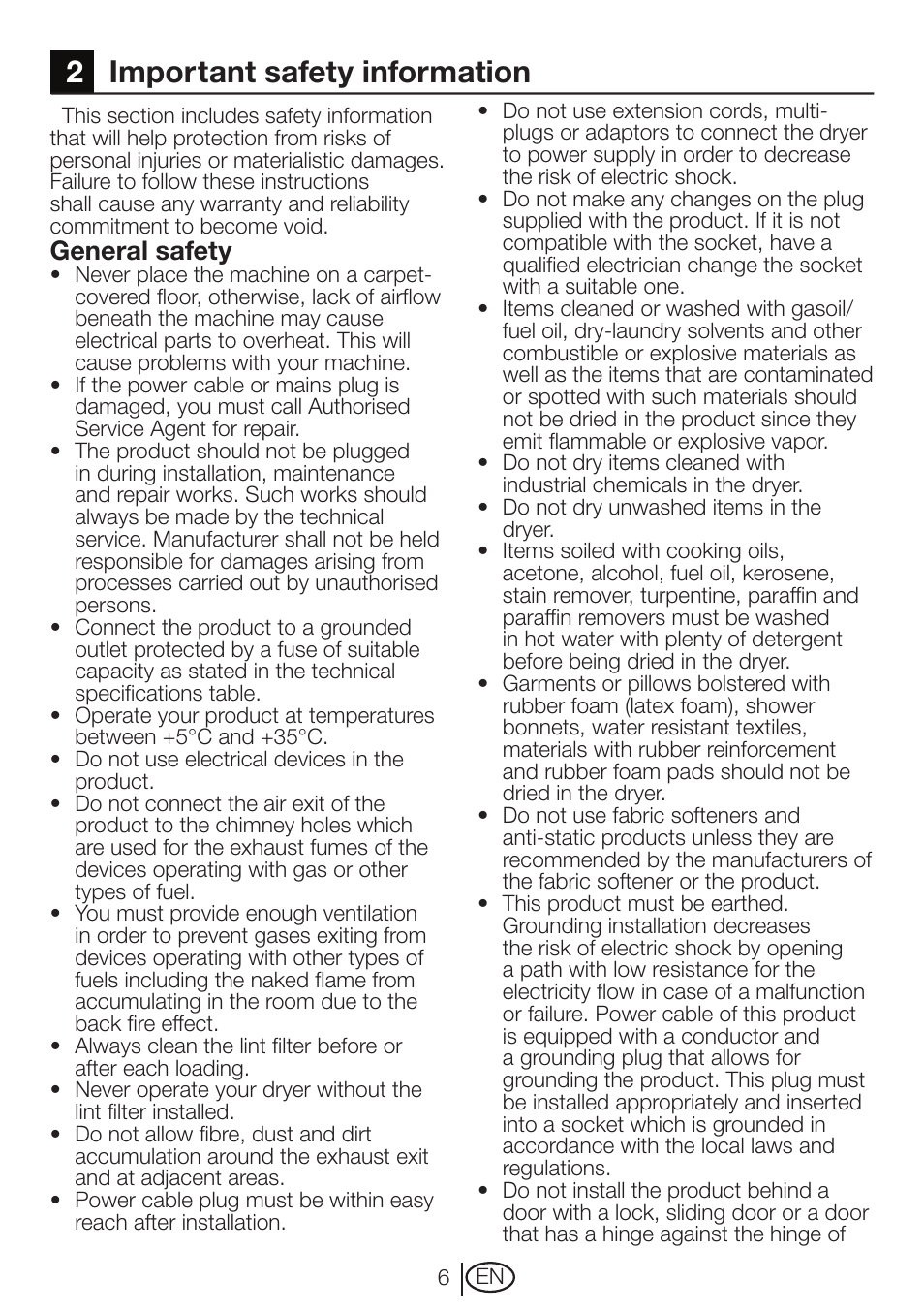 2important safety information, General safety | Beko DVTC 60 W User Manual | Page 6 / 28