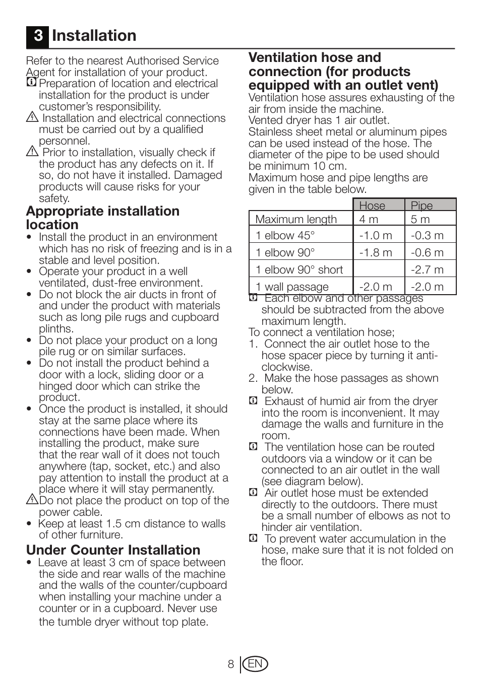 3installation, Appropriate installation location, Under | Counter, Installation | Beko DVTC 60 W User Manual | Page 8 / 28