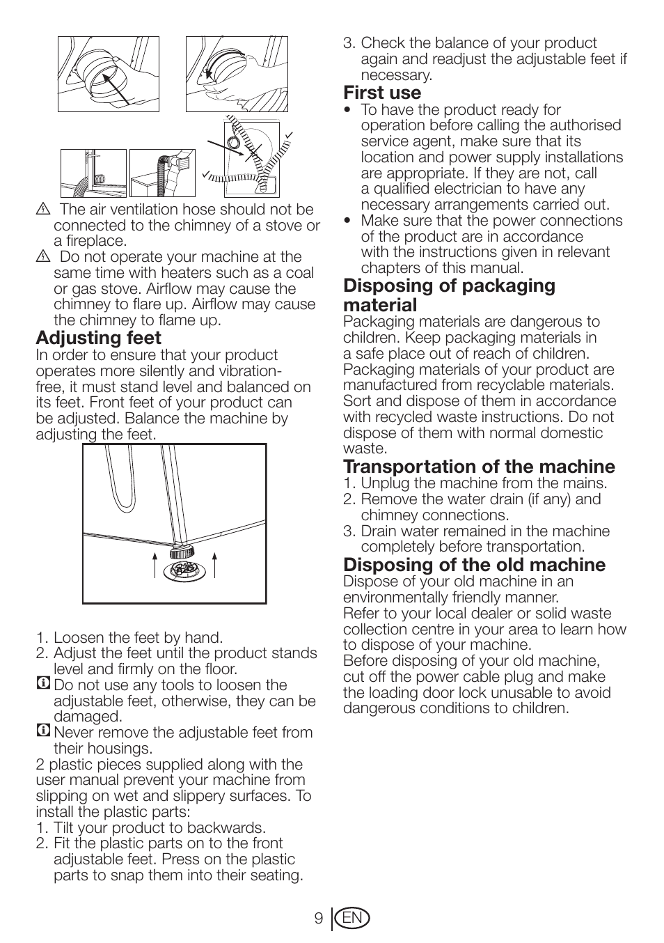 Adjusting feet, First use, Disposing of packaging material | Transportation of the machine, Disposing of the old machine | Beko DVTC 60 W User Manual | Page 9 / 28