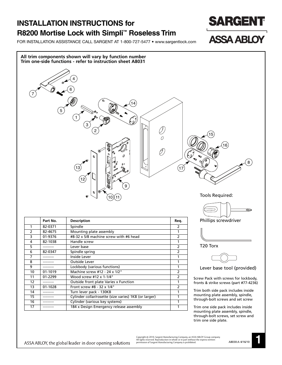 SARGENT R8200 with Simpli Roseless Trim User Manual | 4 pages