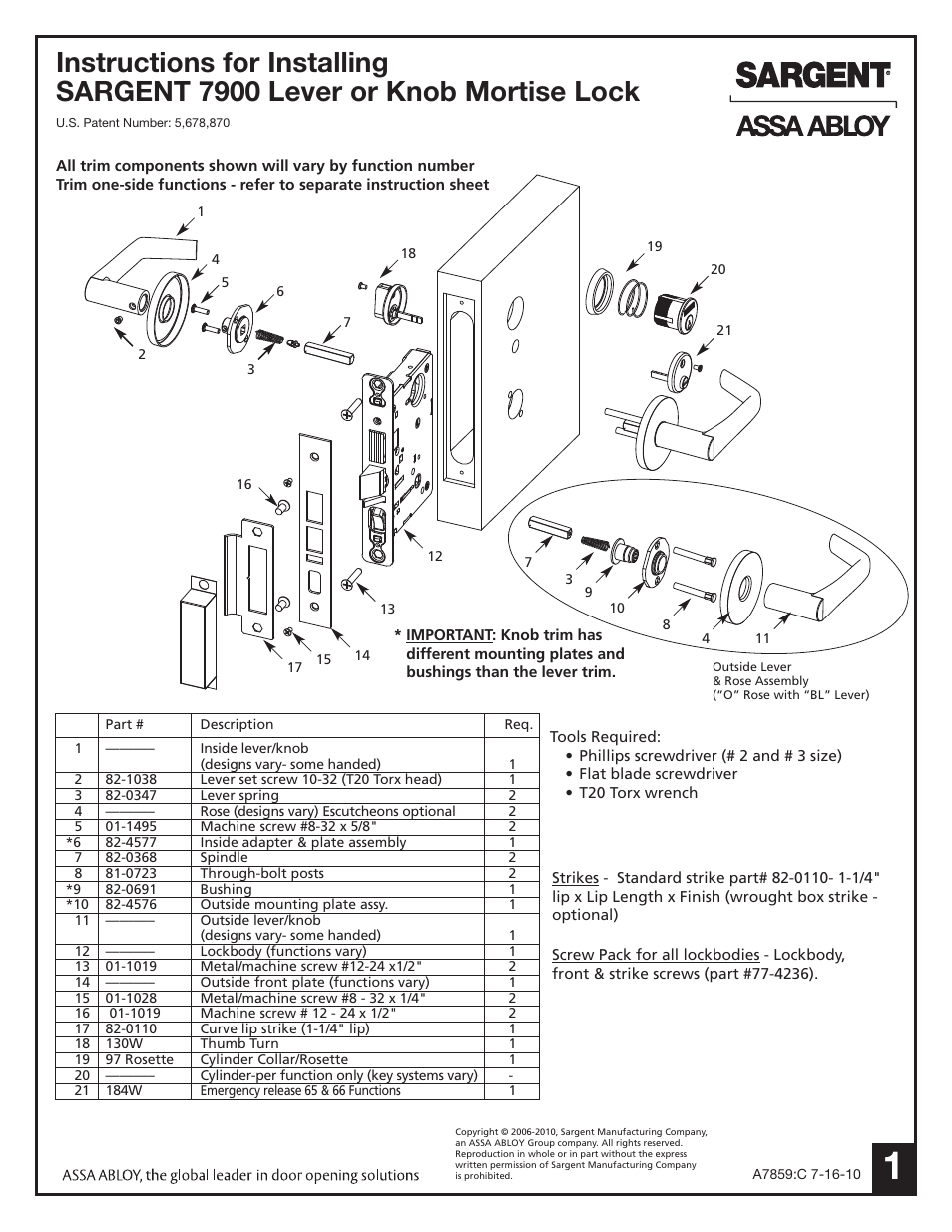 SARGENT 7900 Mortise Lock User Manual | 4 pages