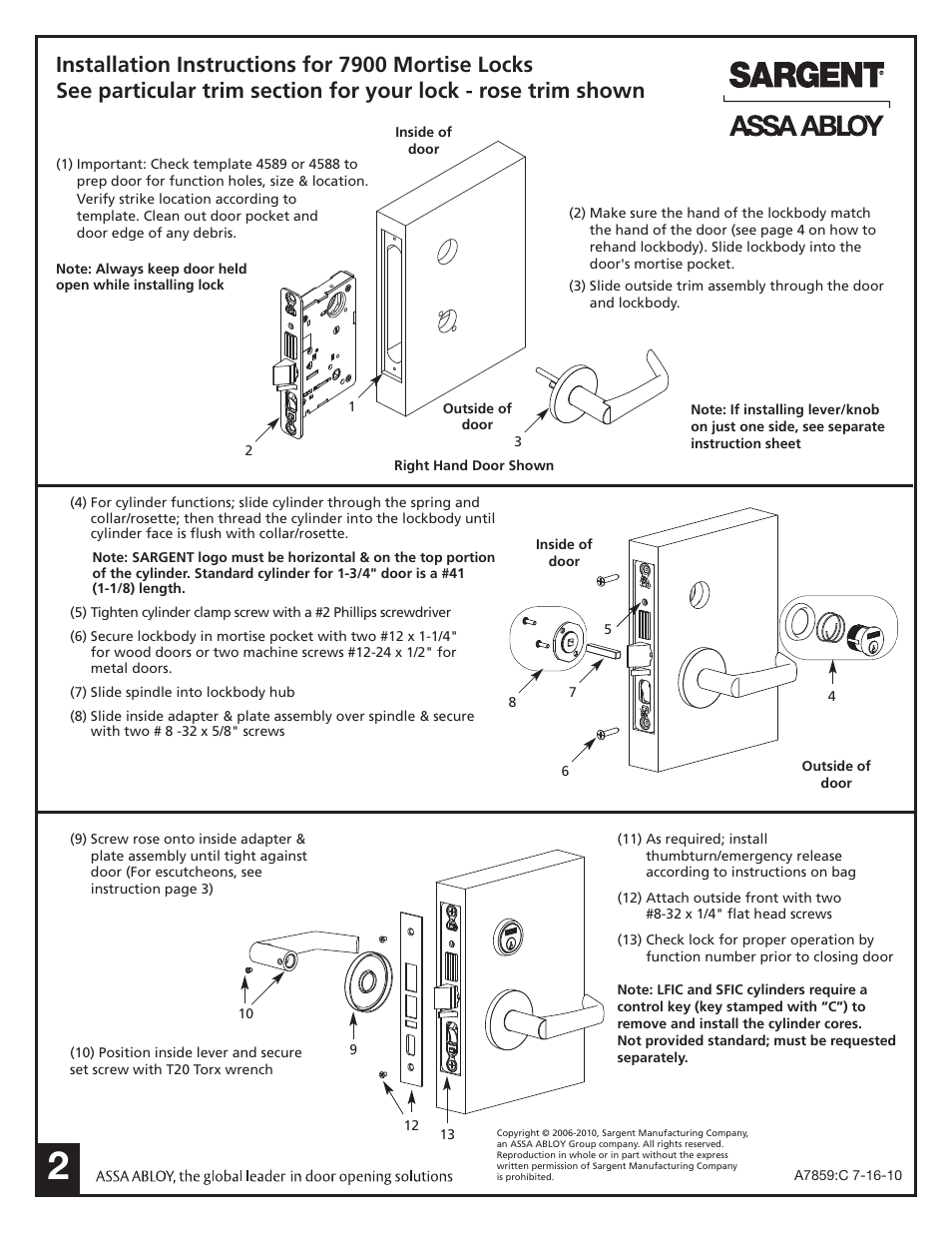 SARGENT 7900 Mortise Lock User Manual | Page 2 / 4