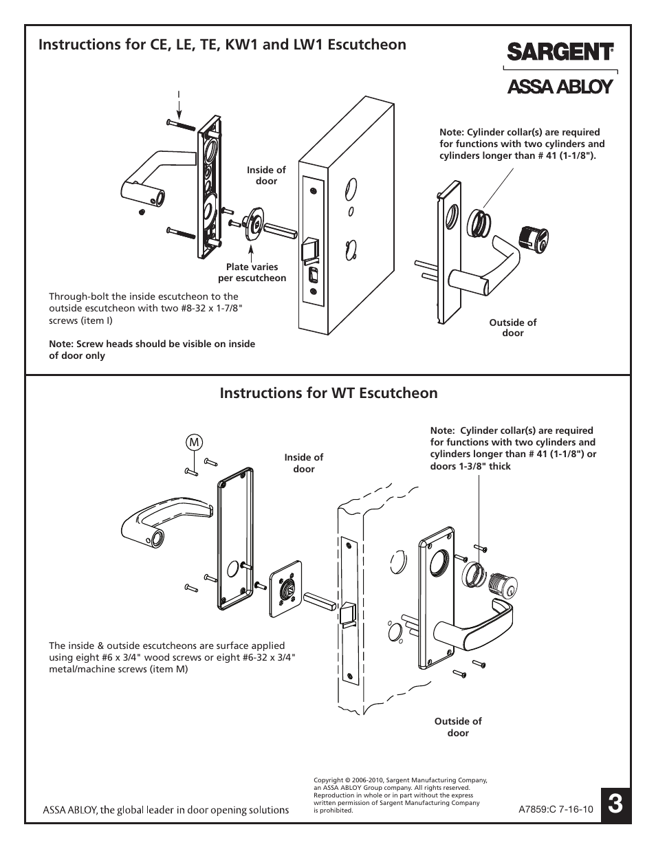 Instructions for wt escutcheon | SARGENT 7900 Mortise Lock User Manual | Page 3 / 4