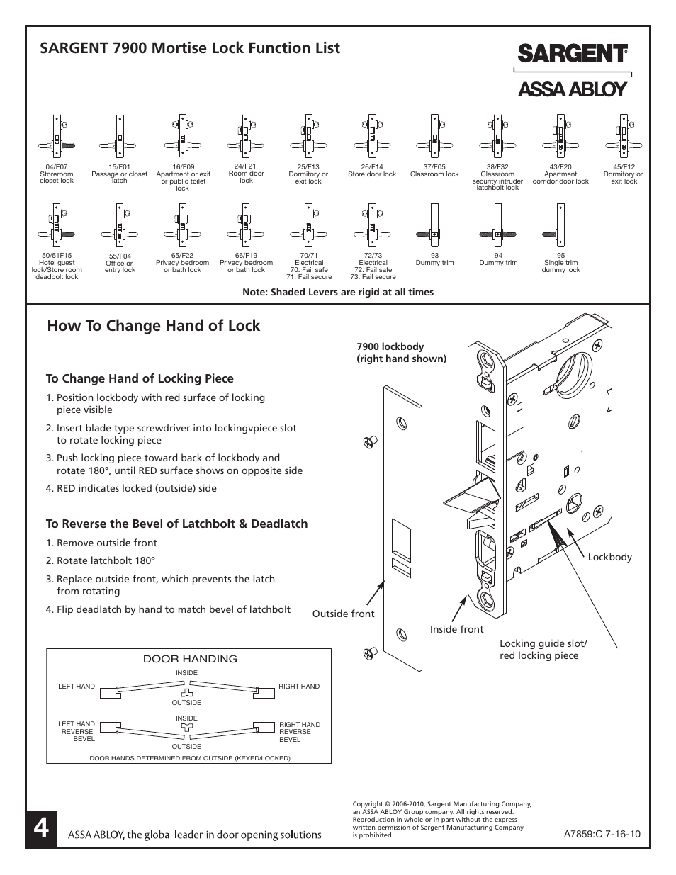 Sargent 7900 mortise lock function list, How to change hand of lock | SARGENT 7900 Mortise Lock User Manual | Page 4 / 4