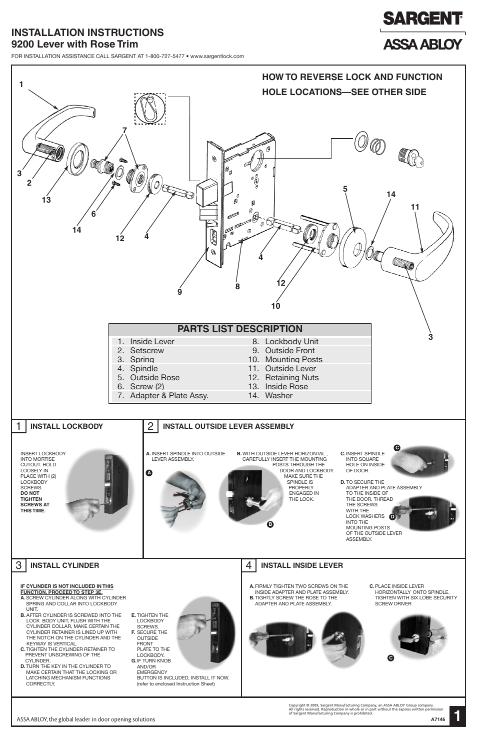 SARGENT 9200 High Security Locksets User Manual | 2 pages