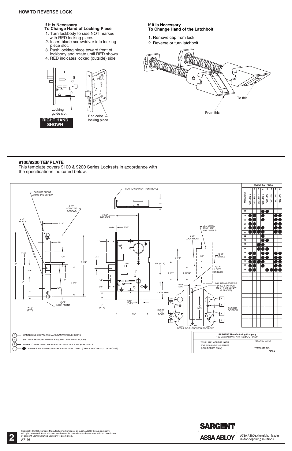 Locking guide slot red color locking piece | SARGENT 9200 High Security Locksets User Manual | Page 2 / 2