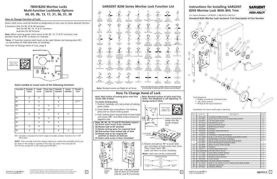 SARGENT 8200 Mortise Lock with BHL Trim User Manual | 2 pages