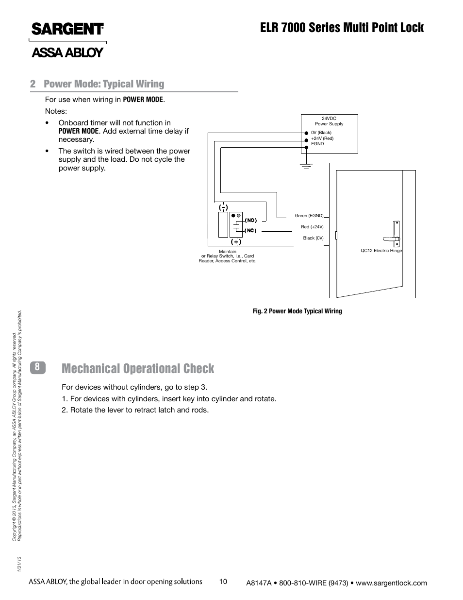 Elr 7000 series multi point lock, Mechanical operational check, 2 power mode: typical wiring | SARGENT 7000 Series Vertical Rod Lock User Manual | Page 10 / 18