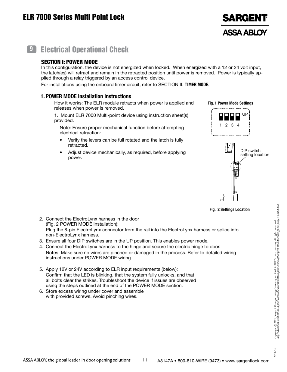 Power mode installation instructions | SARGENT 7000 Series Vertical Rod Lock User Manual | Page 11 / 18