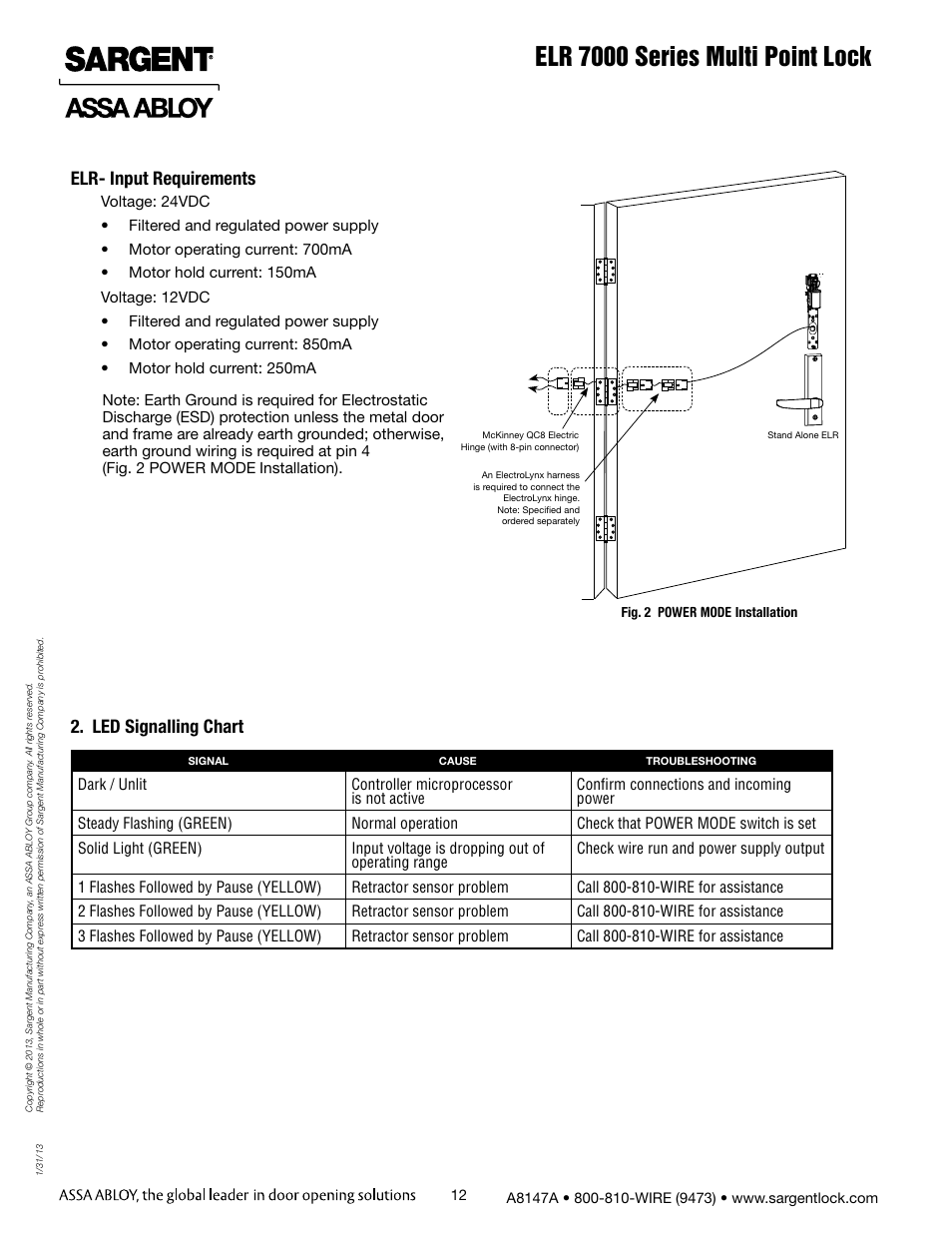 Elr 7000 series multi point lock, Elr- input requirements, Led signalling chart | SARGENT 7000 Series Vertical Rod Lock User Manual | Page 12 / 18