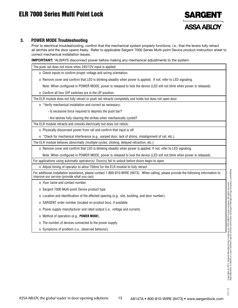 Elr 7000 series multi point lock, Power mode troubleshooting | SARGENT 7000 Series Vertical Rod Lock User Manual | Page 13 / 18