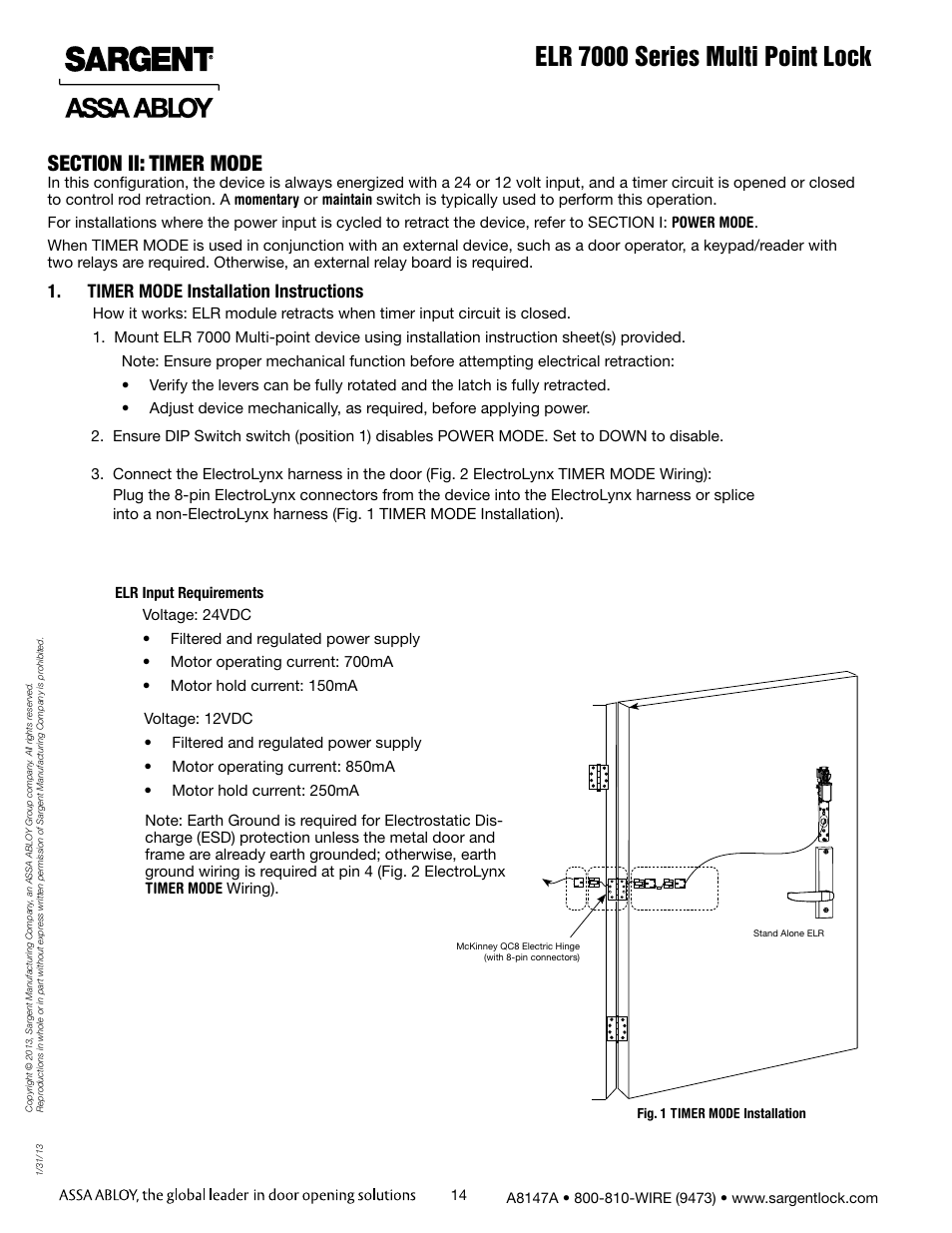 Elr 7000 series multi point lock, Timer mode installation instructions | SARGENT 7000 Series Vertical Rod Lock User Manual | Page 14 / 18