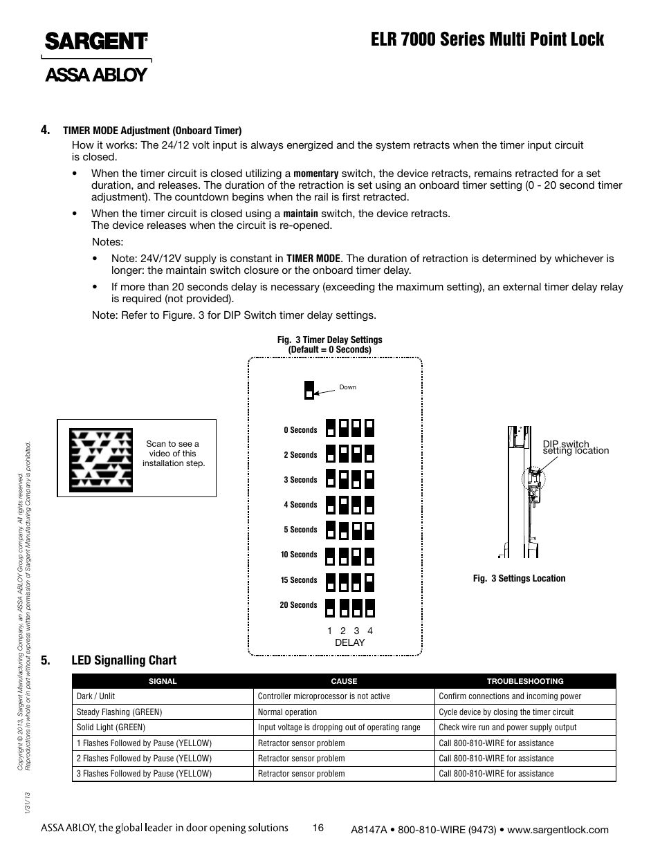 Elr 7000 series multi point lock, Led signalling chart 4 | SARGENT 7000 Series Vertical Rod Lock User Manual | Page 16 / 18
