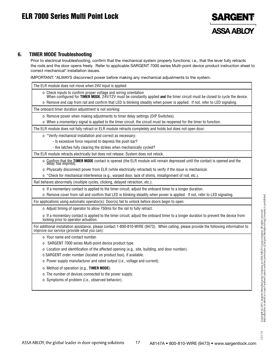 Elr 7000 series multi point lock, Timer mode troubleshooting | SARGENT 7000 Series Vertical Rod Lock User Manual | Page 17 / 18