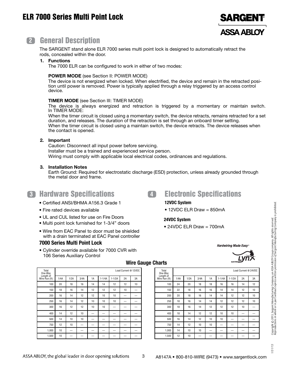 Elr 7000 series multi point lock, General description, Hardware specifications | Electronic specifications, Wire gauge charts, 7000 series multi point lock | SARGENT 7000 Series Vertical Rod Lock User Manual | Page 3 / 18
