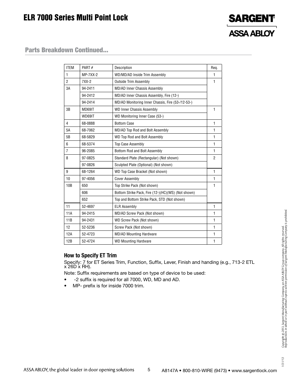 Elr 7000 series multi point lock, Parts breakdown continued, How to specify et trim | SARGENT 7000 Series Vertical Rod Lock User Manual | Page 5 / 18