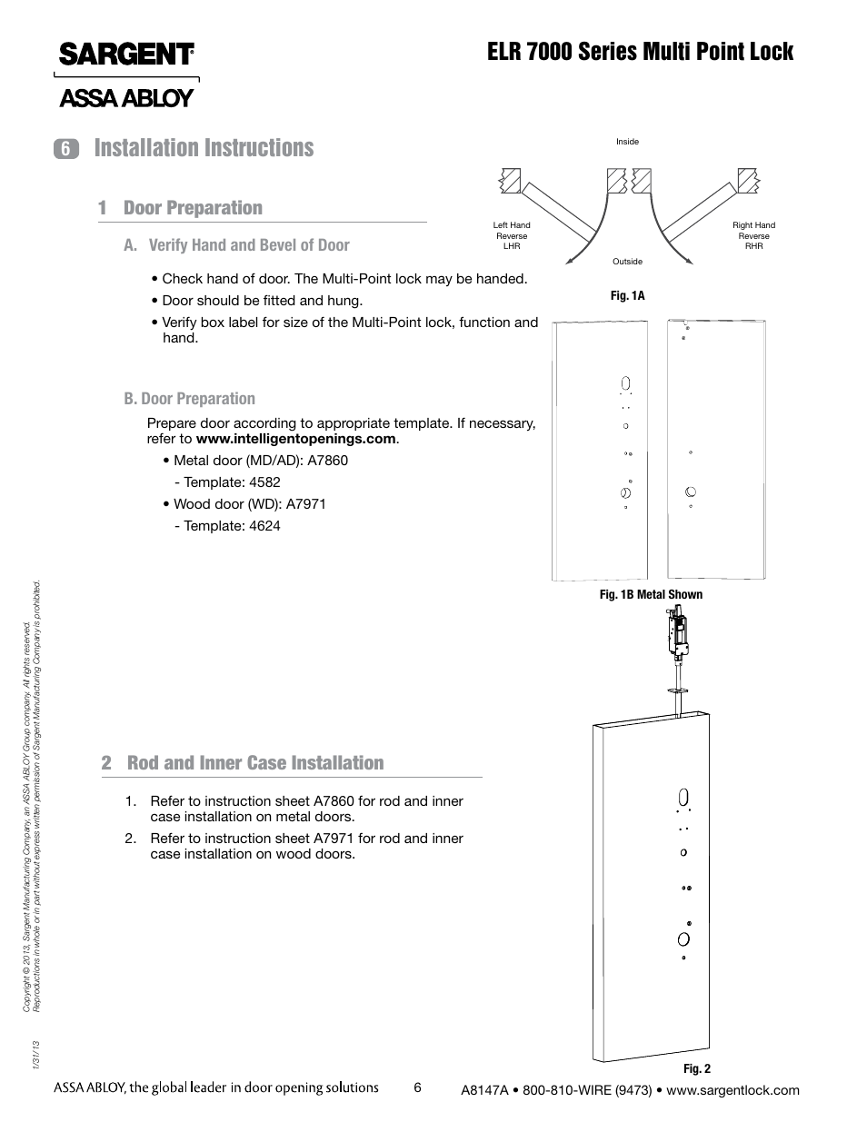 Elr 7000 series multi point lock, Installation instructions, 1 door preparation | 2 rod and inner case installation | SARGENT 7000 Series Vertical Rod Lock User Manual | Page 6 / 18