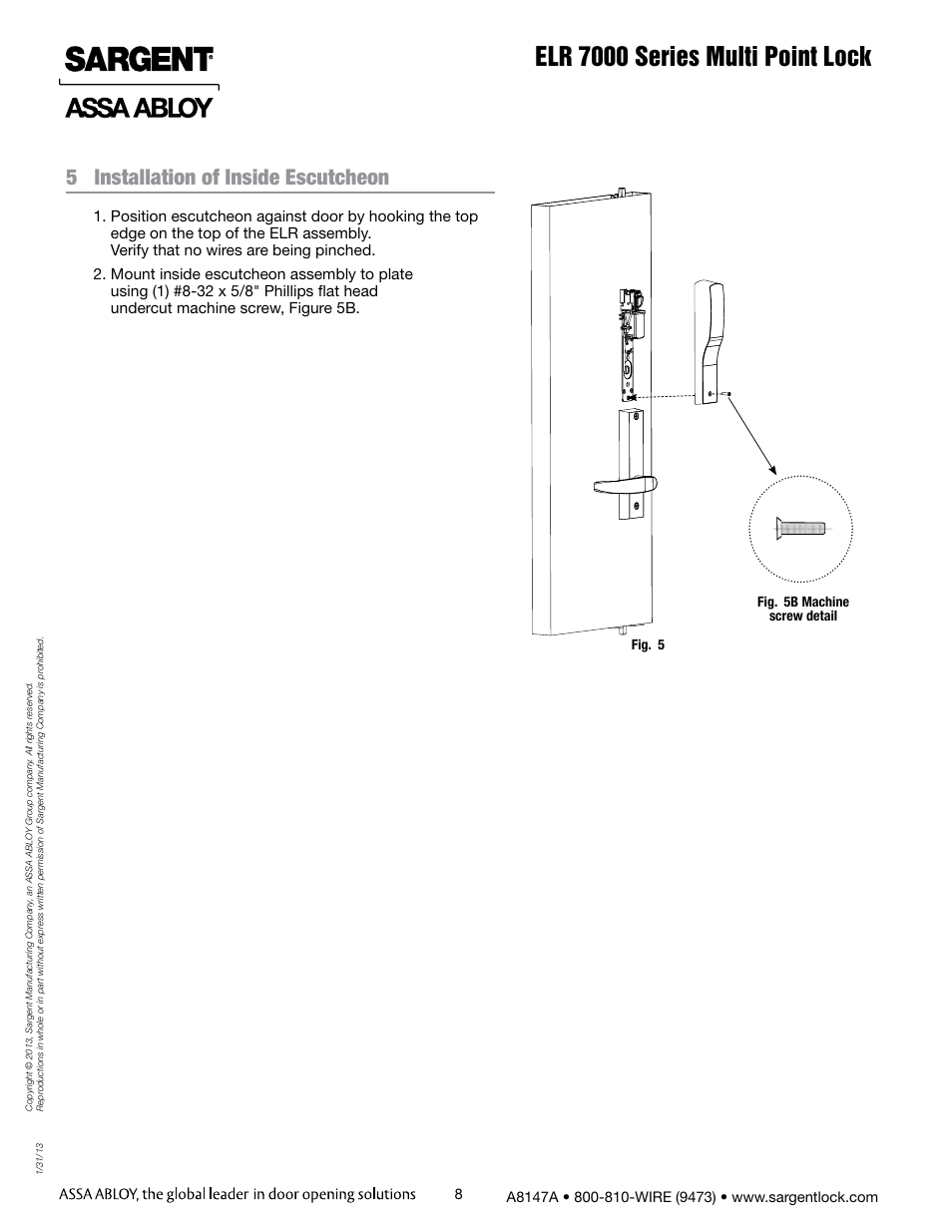 Elr 7000 series multi point lock, 5 installation of inside escutcheon | SARGENT 7000 Series Vertical Rod Lock User Manual | Page 8 / 18