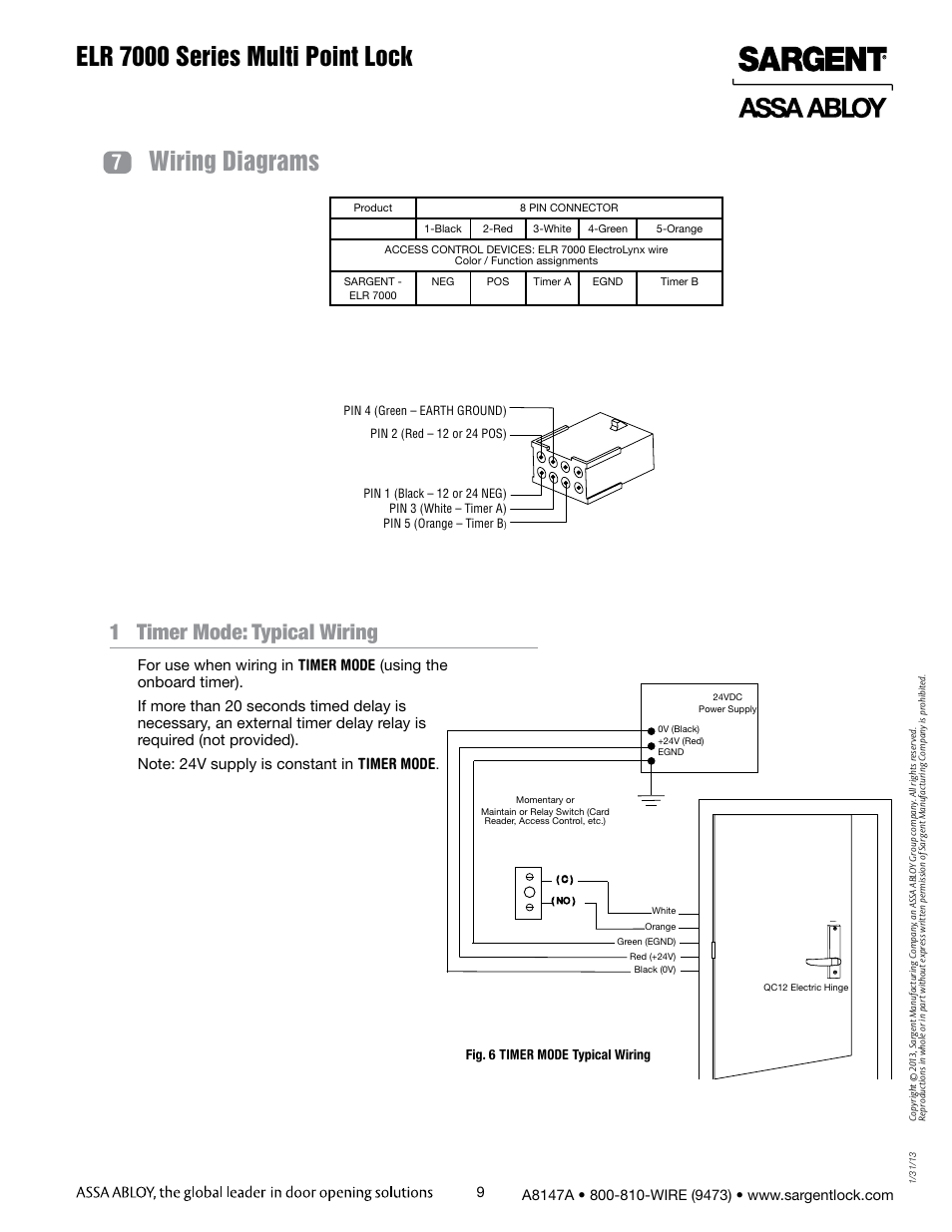 Elr 7000 series multi point lock, Wiring diagrams, 1 timer mode: typical wiring | SARGENT 7000 Series Vertical Rod Lock User Manual | Page 9 / 18
