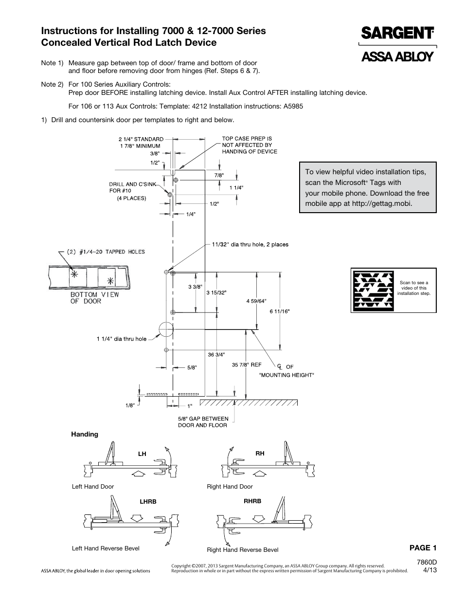 SARGENT 7000 Series Vertical Rod Lock User Manual | 8 pages