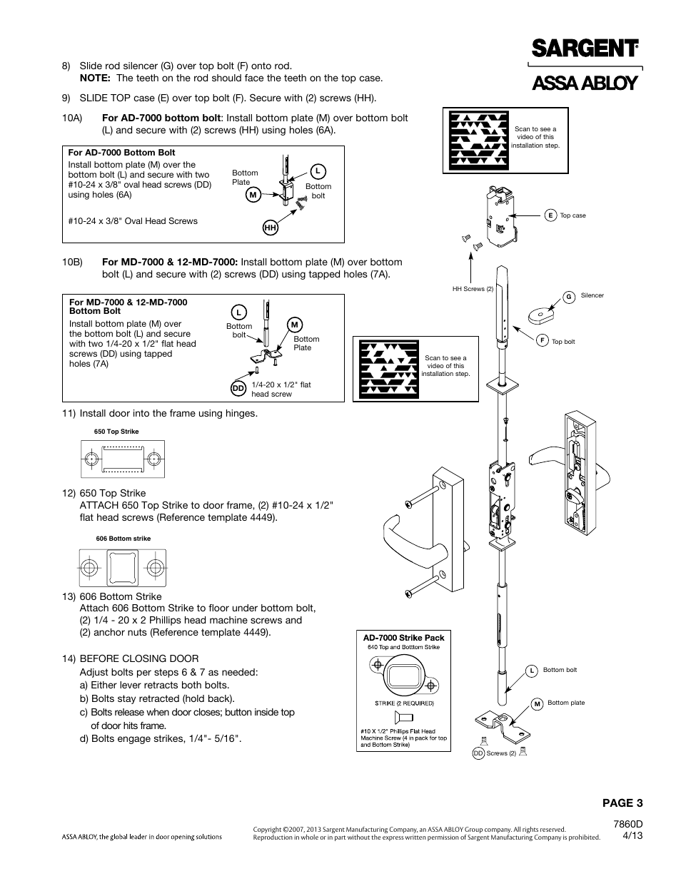 Page 3 | SARGENT 7000 Series Vertical Rod Lock User Manual | Page 3 / 8