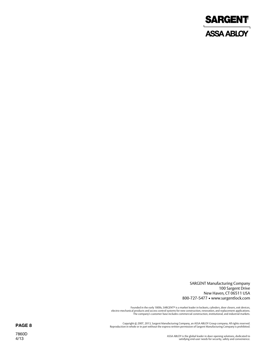 Page 8 | SARGENT 7000 Series Vertical Rod Lock User Manual | Page 8 / 8