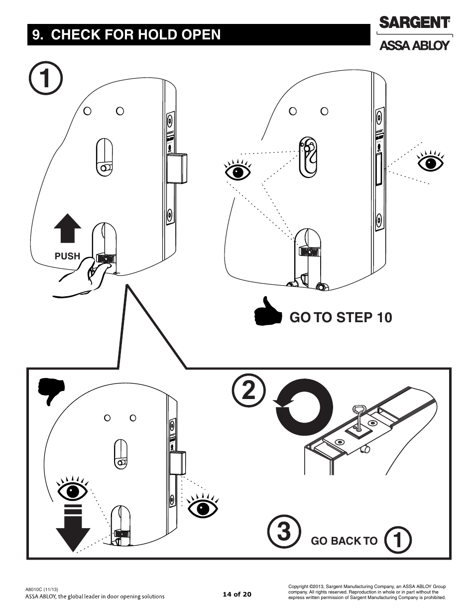 Check for hold open, Go to step 10 | SARGENT FM7100 Multi-Point Auto Deadlocking System User Manual | Page 14 / 20