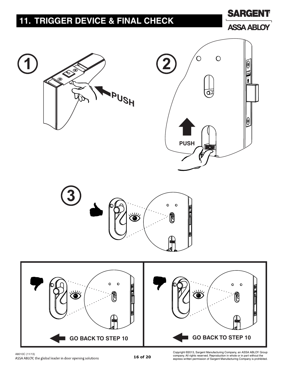 Trigger device & final check, Push | SARGENT FM7100 Multi-Point Auto Deadlocking System User Manual | Page 16 / 20