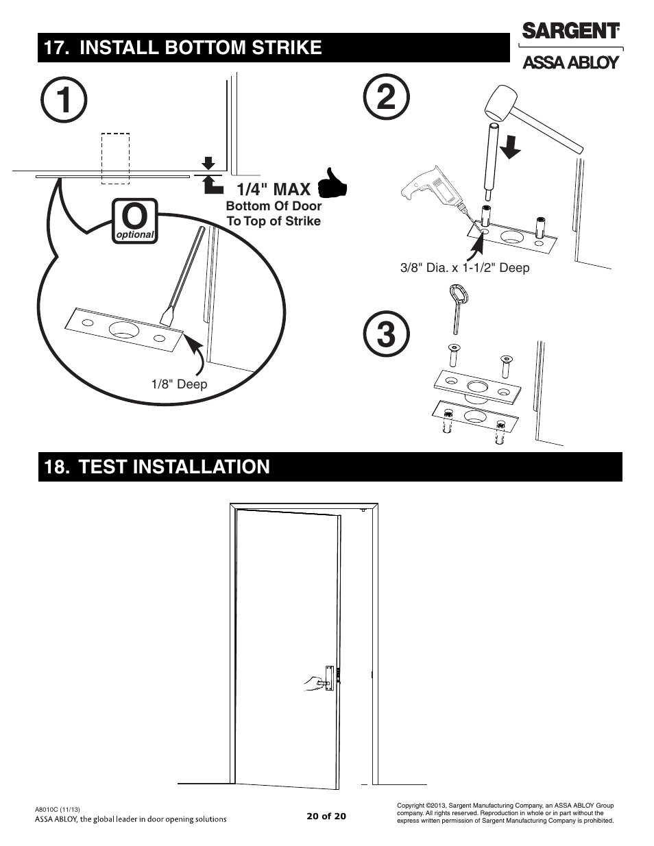 Install bottom strike, Test installation | SARGENT FM7100 Multi-Point Auto Deadlocking System User Manual | Page 20 / 20