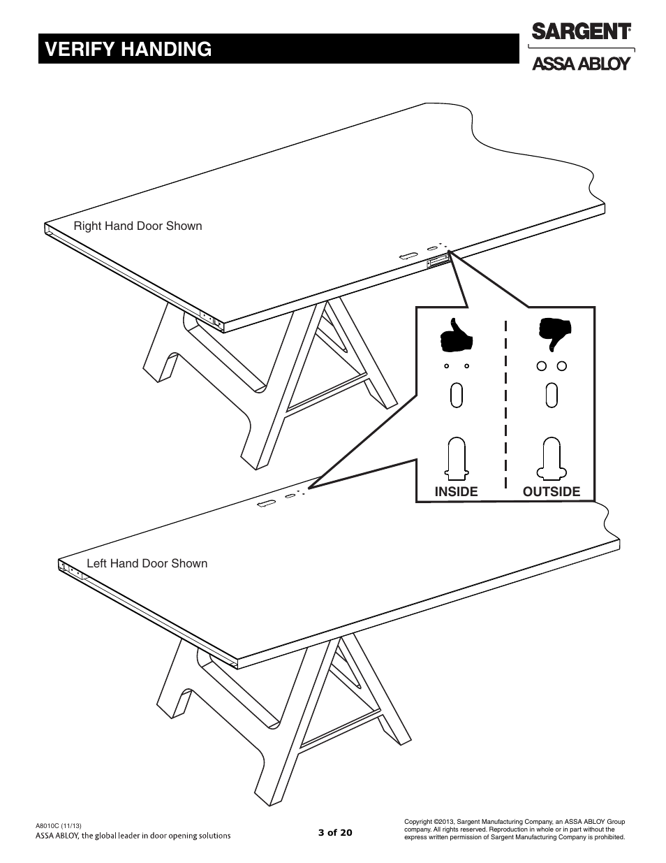 Verify handing | SARGENT FM7100 Multi-Point Auto Deadlocking System User Manual | Page 3 / 20