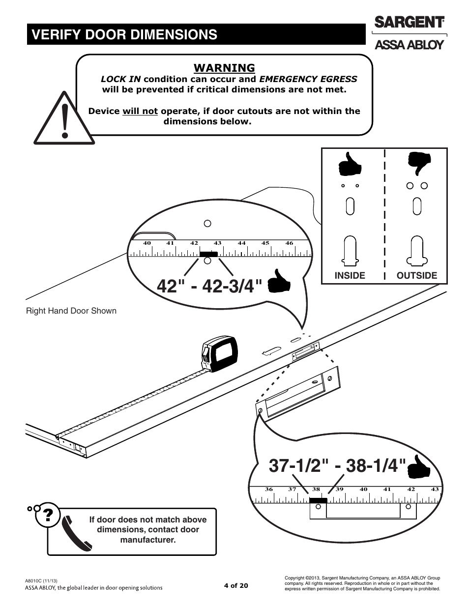 Verify door dimensions, Warning | SARGENT FM7100 Multi-Point Auto Deadlocking System User Manual | Page 4 / 20