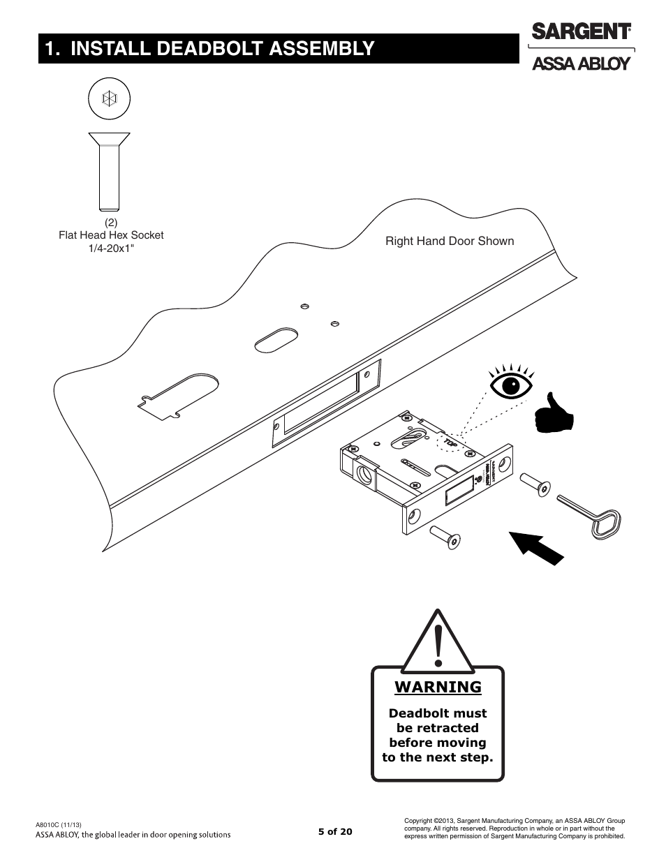 Install deadbolt assembly | SARGENT FM7100 Multi-Point Auto Deadlocking System User Manual | Page 5 / 20