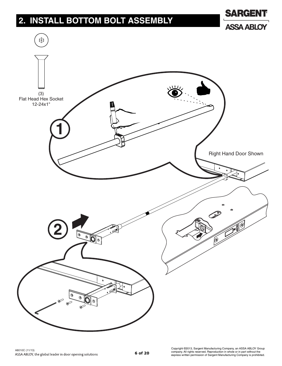 Install bottom bolt assembly | SARGENT FM7100 Multi-Point Auto Deadlocking System User Manual | Page 6 / 20