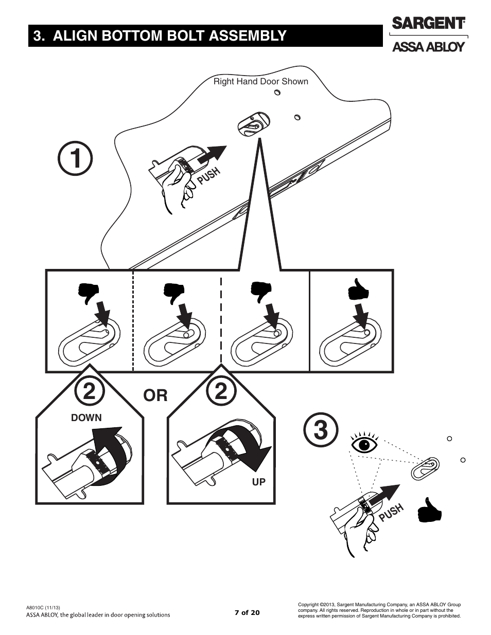 Align bottom bolt assembly | SARGENT FM7100 Multi-Point Auto Deadlocking System User Manual | Page 7 / 20