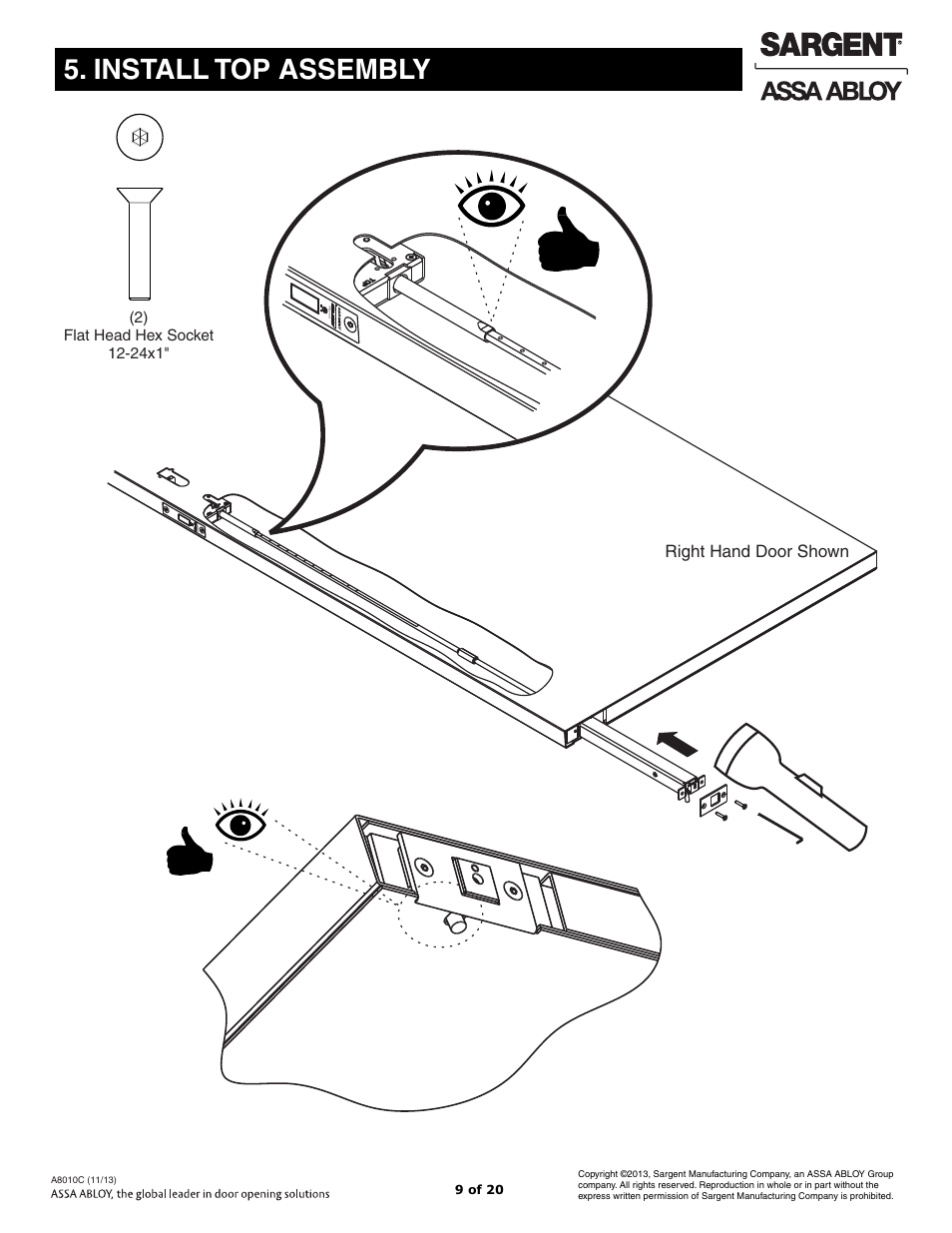 Install top assembly, Right hand door shown | SARGENT FM7100 Multi-Point Auto Deadlocking System User Manual | Page 9 / 20