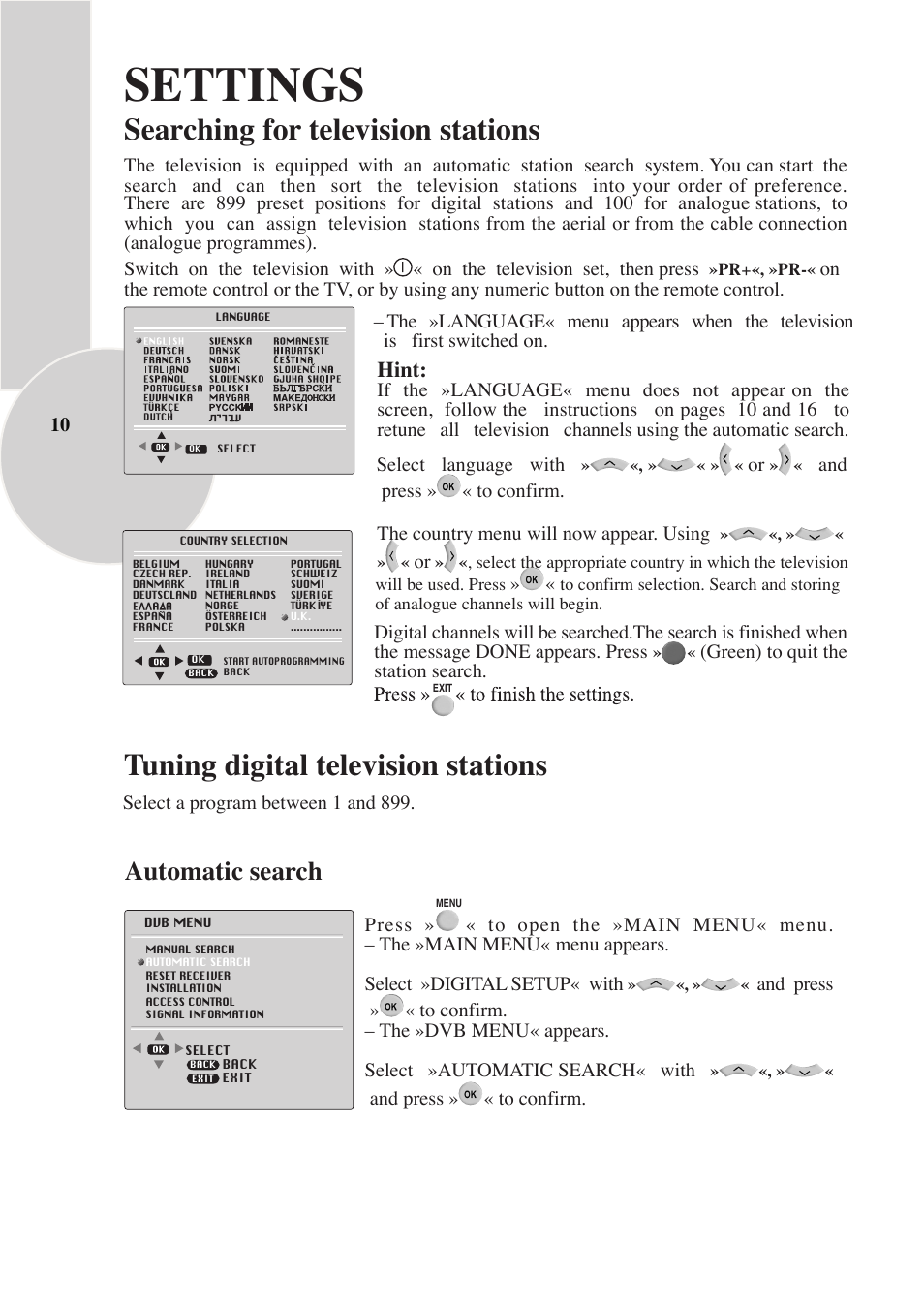 Settings, Searching for television stations, Tuning digital television stations | Automatic search, Hint | Beko IDTV 28C769IDS User Manual | Page 11 / 37