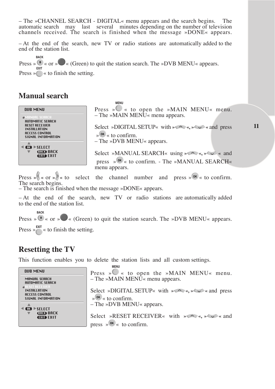 Manual search, Resetting the tv | Beko IDTV 28C769IDS User Manual | Page 12 / 37