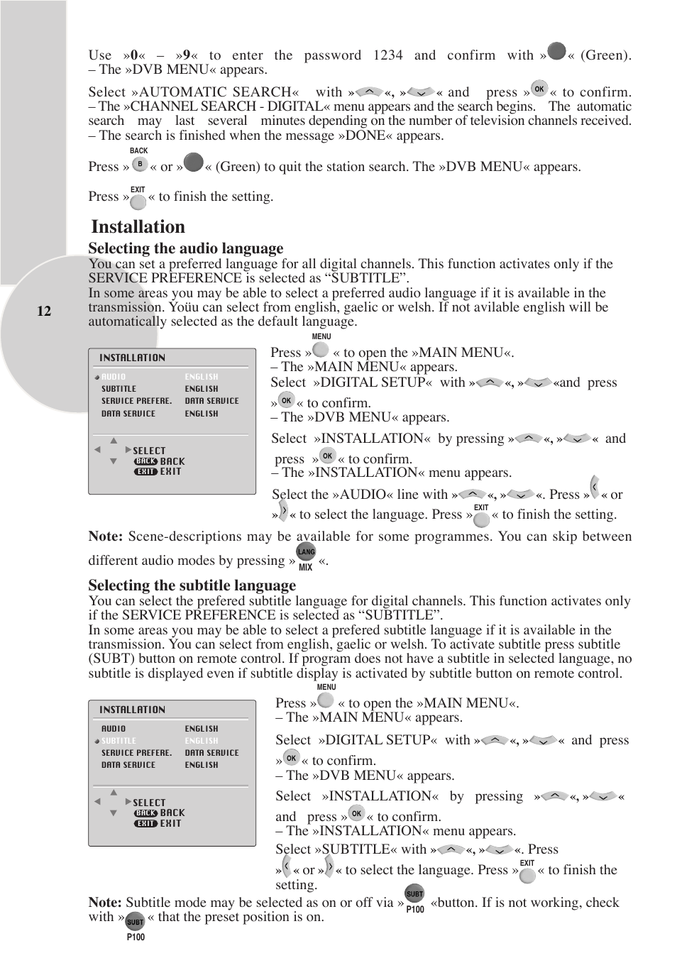 Installation, Selecting the subtitle language, Selecting the audio language | Beko IDTV 28C769IDS User Manual | Page 13 / 37