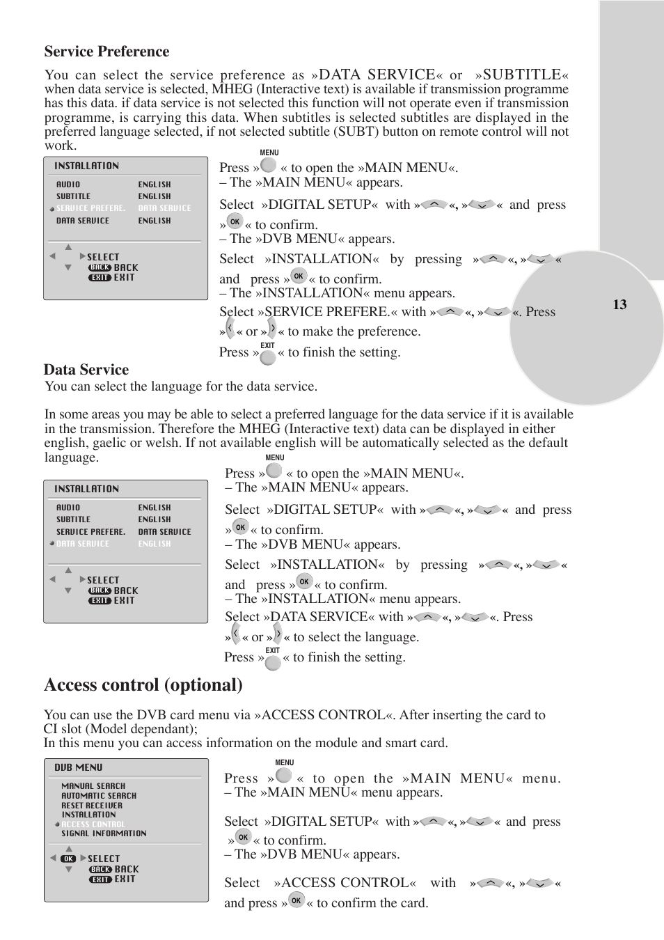 Access control (optional), Service preference, Data service | Subtitle | Beko IDTV 28C769IDS User Manual | Page 14 / 37