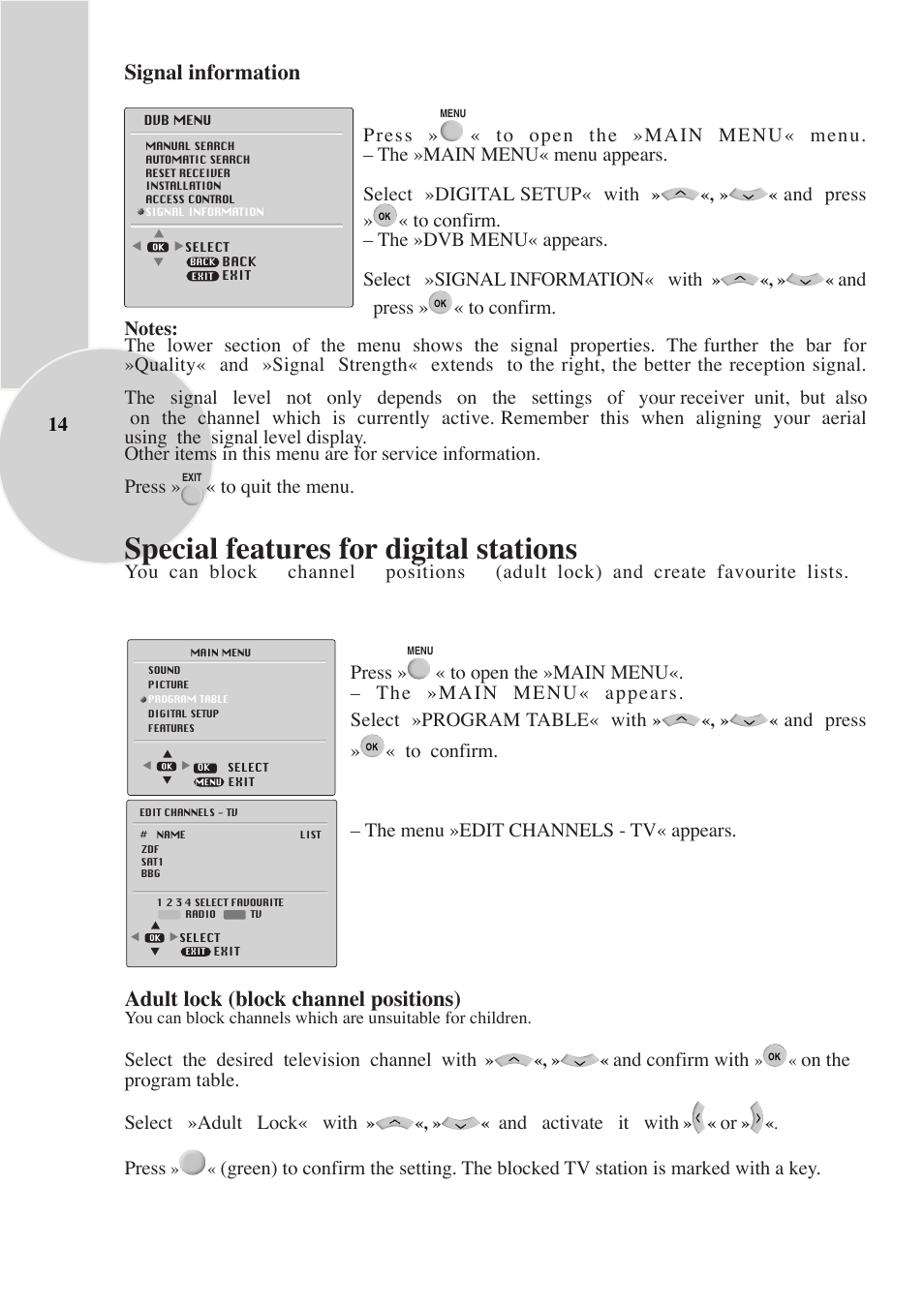 Special features for digital stations, Signal information, Adult lock (block channel positions) | Beko IDTV 28C769IDS User Manual | Page 15 / 37