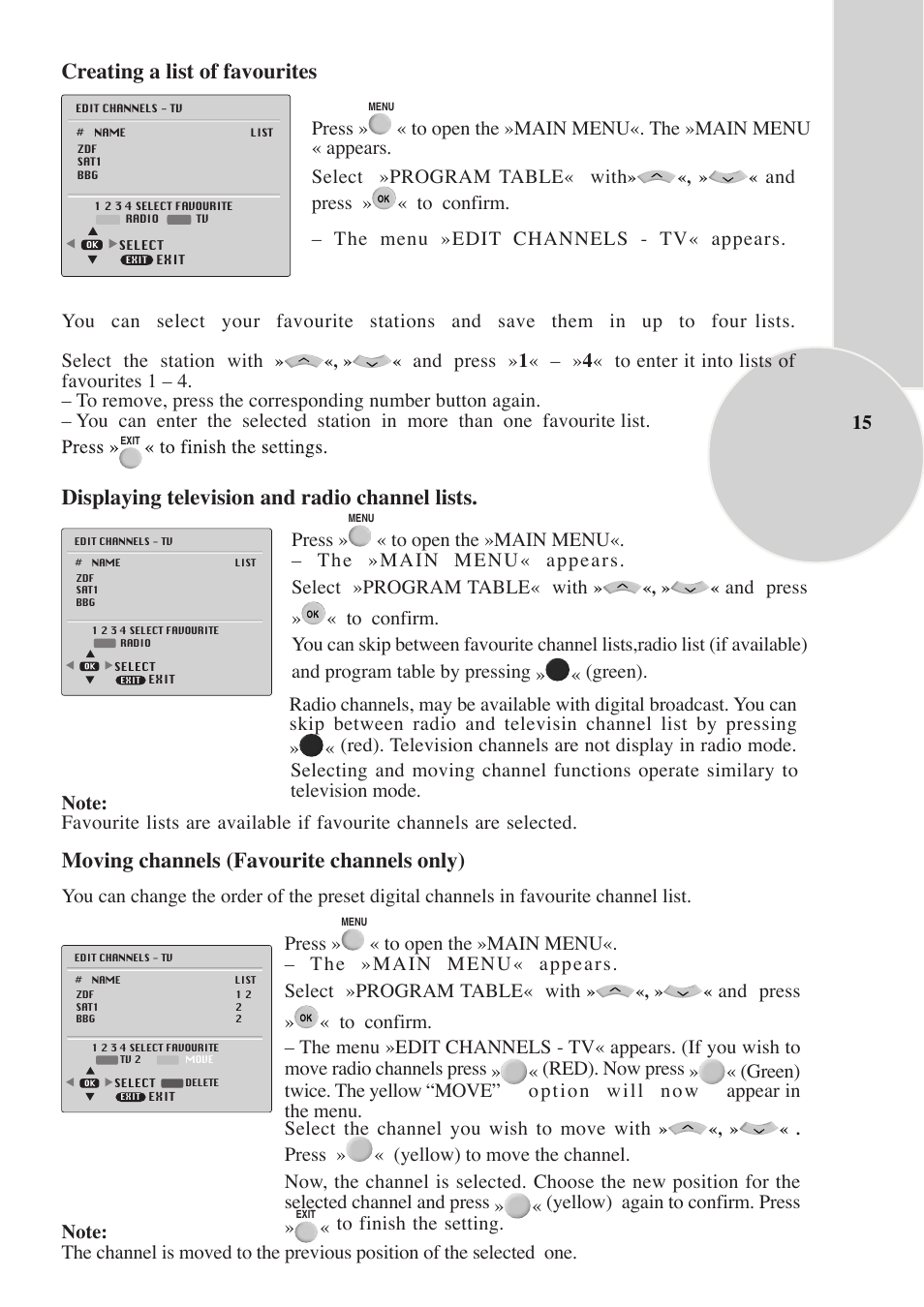 Creating a list of favourites, Displaying television and radio channel lists, Moving channels (favourite channels only) | Beko IDTV 28C769IDS User Manual | Page 16 / 37