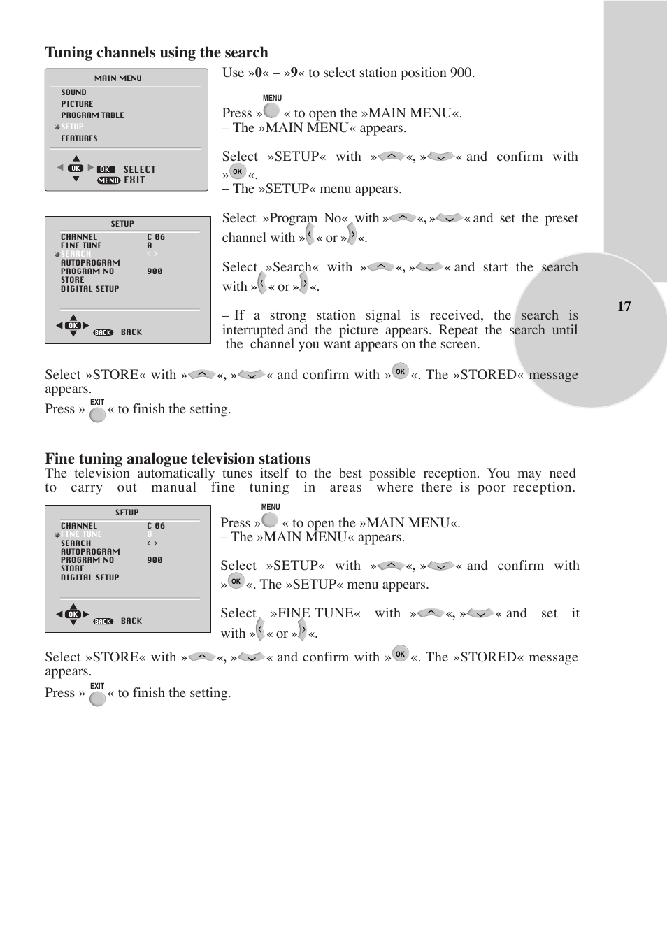Tuning channels using the search, Fine tuning analogue television stations | Beko IDTV 28C769IDS User Manual | Page 18 / 37